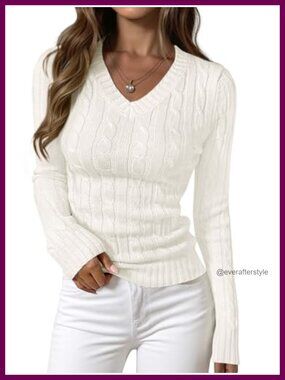 Cable Knit Fitted V Neck Long Sleeve Pullover Sweater